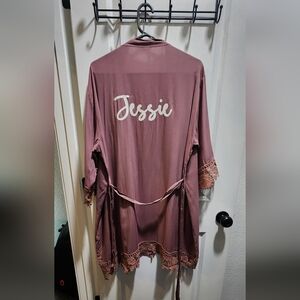 Women's Lace Trim Robe - Pink With Name "Jessie"